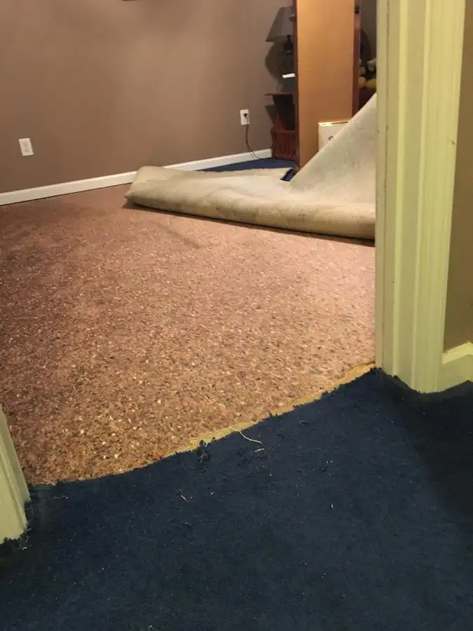 Carpet pad removal revealing water damage during Water Mitigation Services in Cinnaminson
